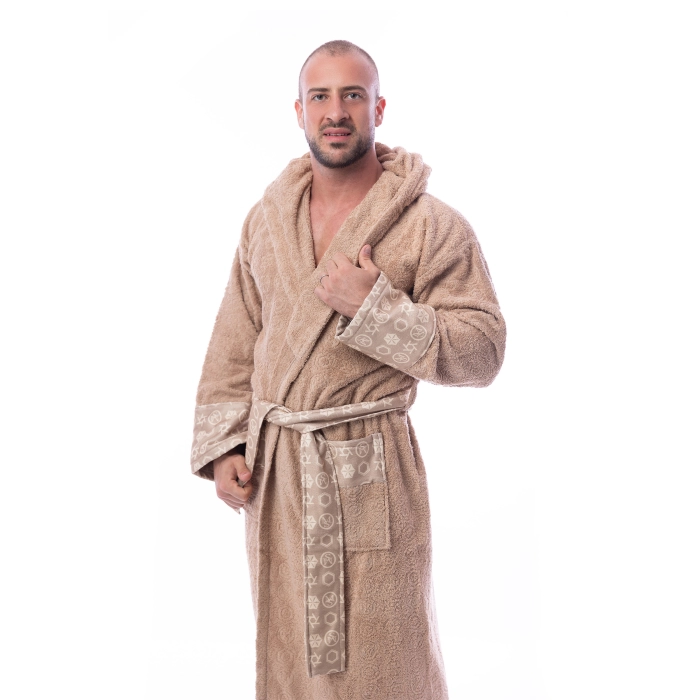 Халат букле MS печат - Капучино - мъжки - 33 - Халат букле MS печат - Капучино - мъжки - 33