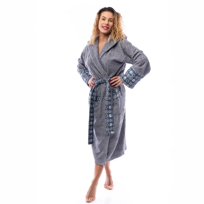 Халат букле MS печат - Сив - дамски - 2523 - Халат букле MS печат - Сив - дамски - 2523