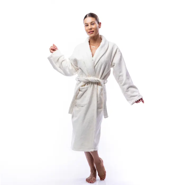 Халат Едноцветен Шал Яка - Бял - дамски - 1666 - Халат Едноцветен Шал Яка - Бял - дамски - 1666