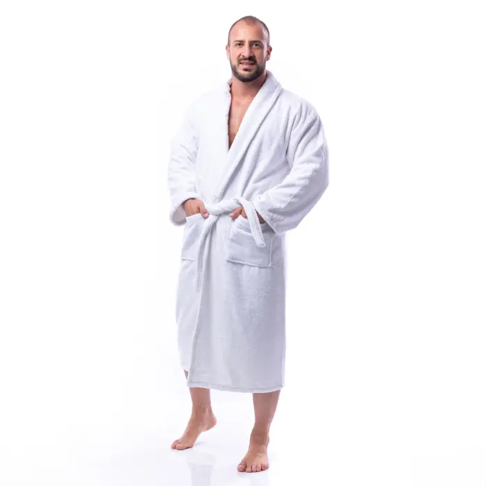 Халат Едноцветен Шал Яка - Бял - мъжки - 1635 - Халат Едноцветен Шал Яка - Бял - мъжки - 1635