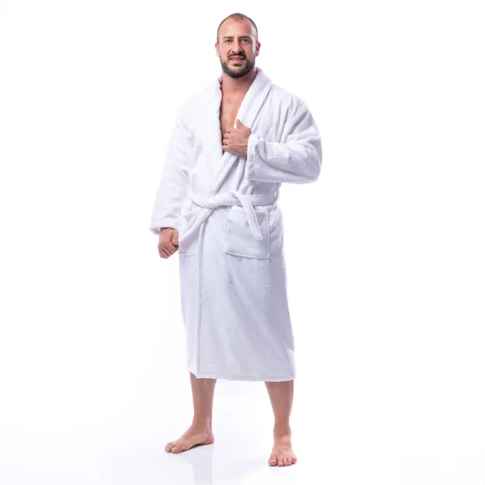 Халат Едноцветен Шал Яка - Бял - мъжки - 1636 - Халат Едноцветен Шал Яка - Бял - мъжки - 1636