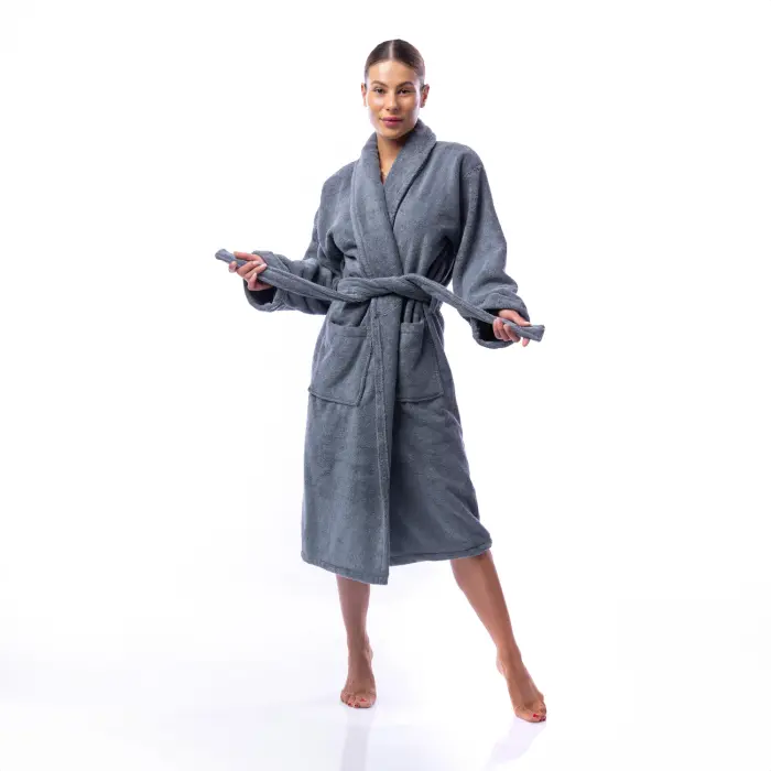 Халат Едноцветен Шал Яка - Сив - дамски - 1706 - Халат Едноцветен Шал Яка - Сив - дамски - 1706