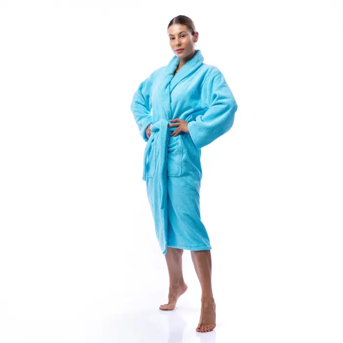 Халат Едноцветен Шал Яка - Светло син - дамски - 1701 - Халат Едноцветен Шал Яка - Светло син - дамски - 1701