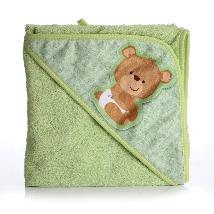 Бебешка хавлиена кърпа с качулка - Зелено - Мече - 1077 - Бебешка хавлиена кърпа с качулка - Зелено - Мече - 1077