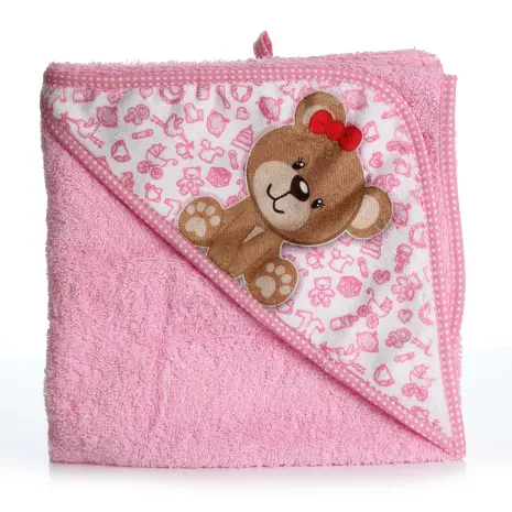 Бебешка хавлиена кърпа с качулка - Розово - Мече - Бебешка хавлиена кърпа с качулка - Розово - Мече
