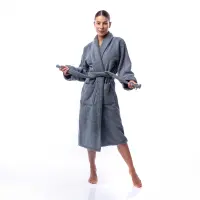 Халат Едноцветен Шал Яка - Сив - дамски - Халат Едноцветен Шал Яка - Сив - дамски